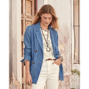 Sundance Catalog Oaklee Blue Denim Lyocell Double Breasted Blazer Jacket XL New